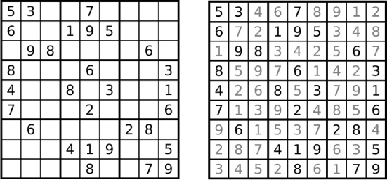 A new Sudoku puzzle (left) and its solution (right). Despite using numbers, Sudoku doesn’t involve much math. (Images © Wikimedia Commons)