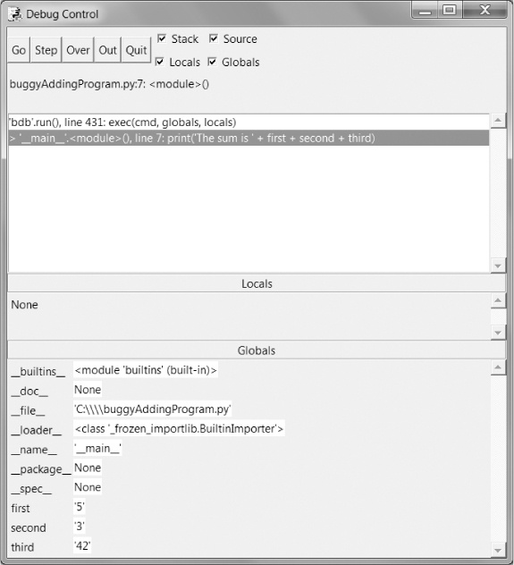 The Debug Control window on the last line. The variables are set to strings, causing the bug.