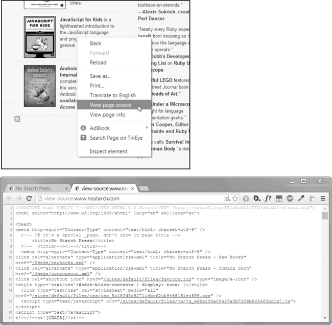 Viewing the source of a web page