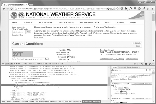 Inspecting the element that holds the temperature text with the developer tools