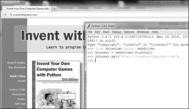 After calling webdriver.Firefox() and get() in IDLE, the Firefox browser appears.