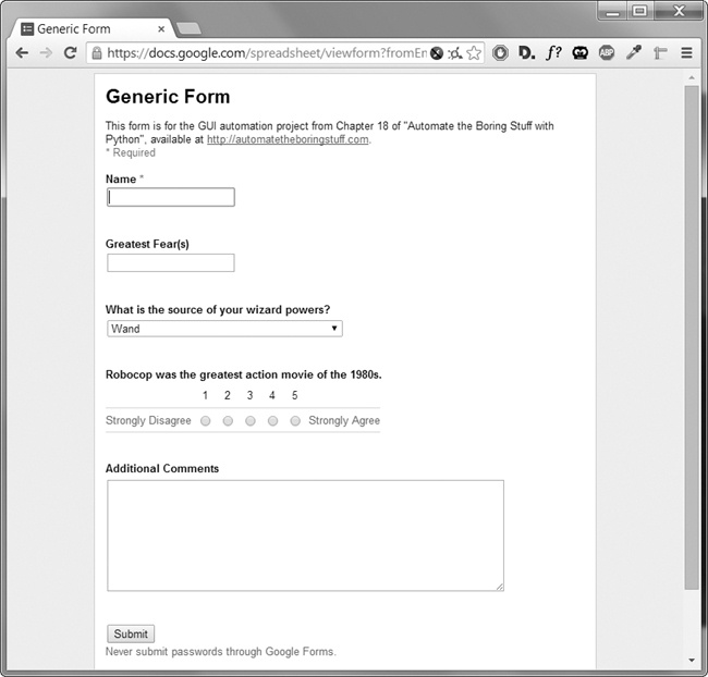 The form used for this project