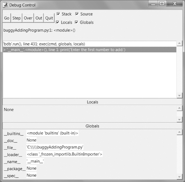 The Debug Control window when the program first starts under the debugger