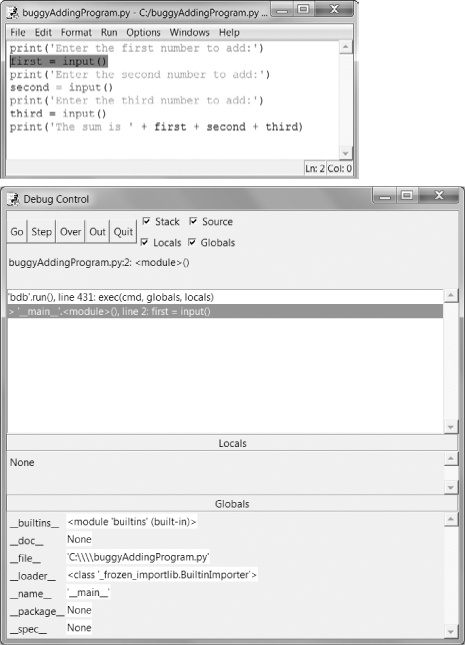 The Debug Control window after clicking Over