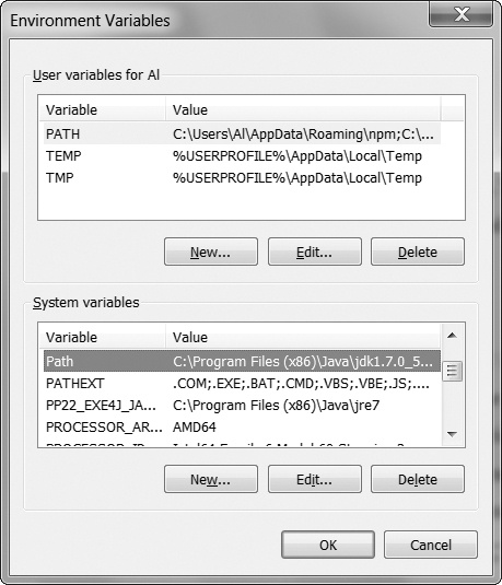 The Environment Variables window on Windows