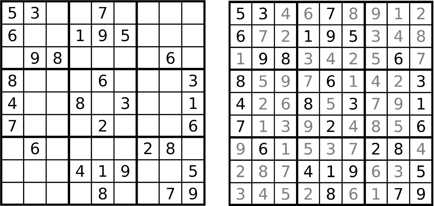 Two six-by-six Sudoku puzzle grids side by side. The first is partly filled in with digits, and the second is entirely filled in with digits.