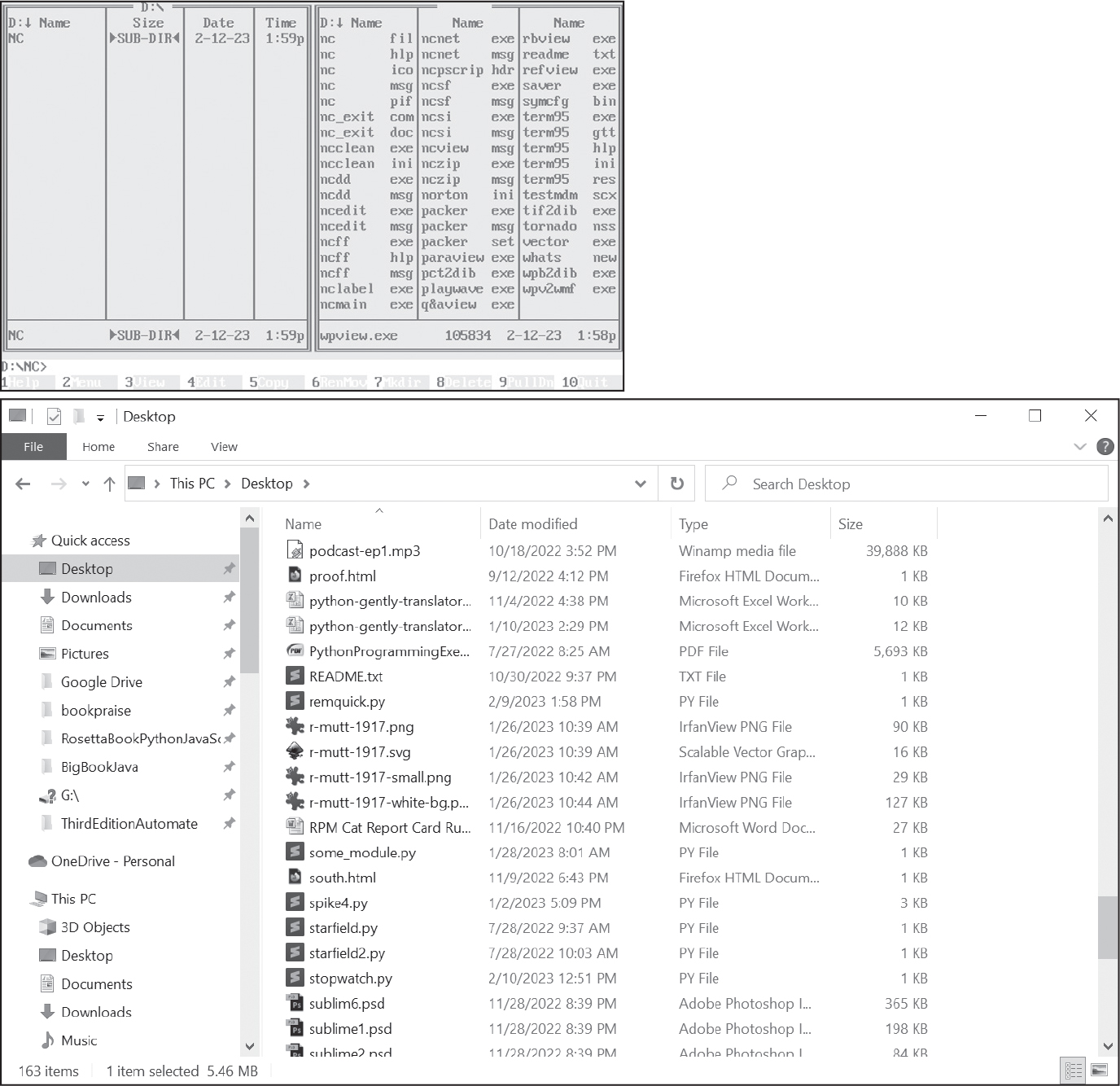 At top, a computer interface containing multiple text-based columns labeled “name”, “size”, date”, and time”, followed by a list of filenames. At bottom, a screenshot of the Windows File Explorer interface open to the Desktop folder, showing icons of files.