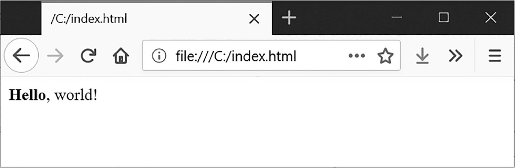 A screenshot of a browser open to “file:///C:/index.html”. The rendered content shows the text “Hello, world!” With “Hello” in bold.
