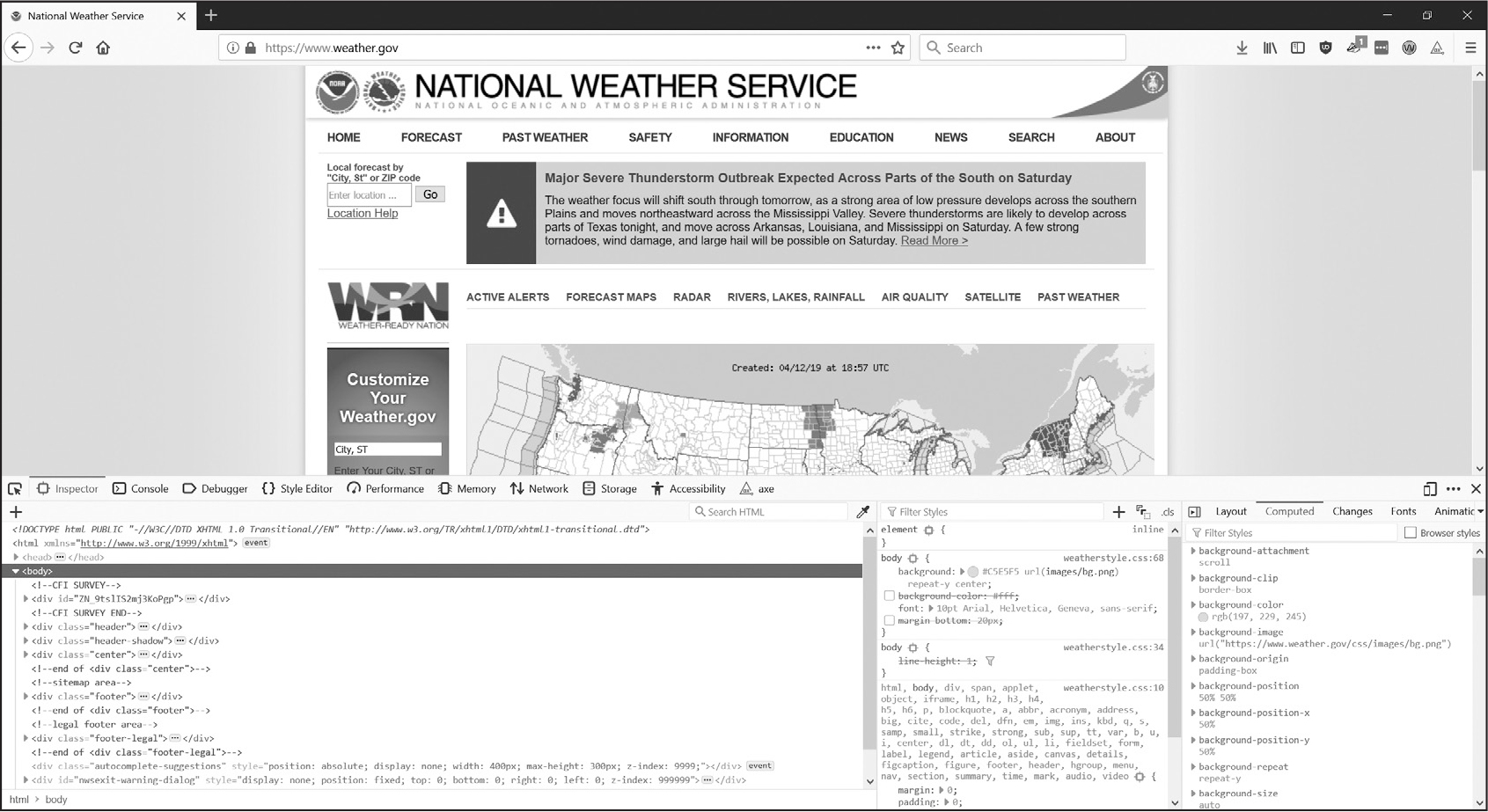 A screenshot of the web page at weather.gov with the Developer tools open in a bottom pane showing the page’s HTML source code.