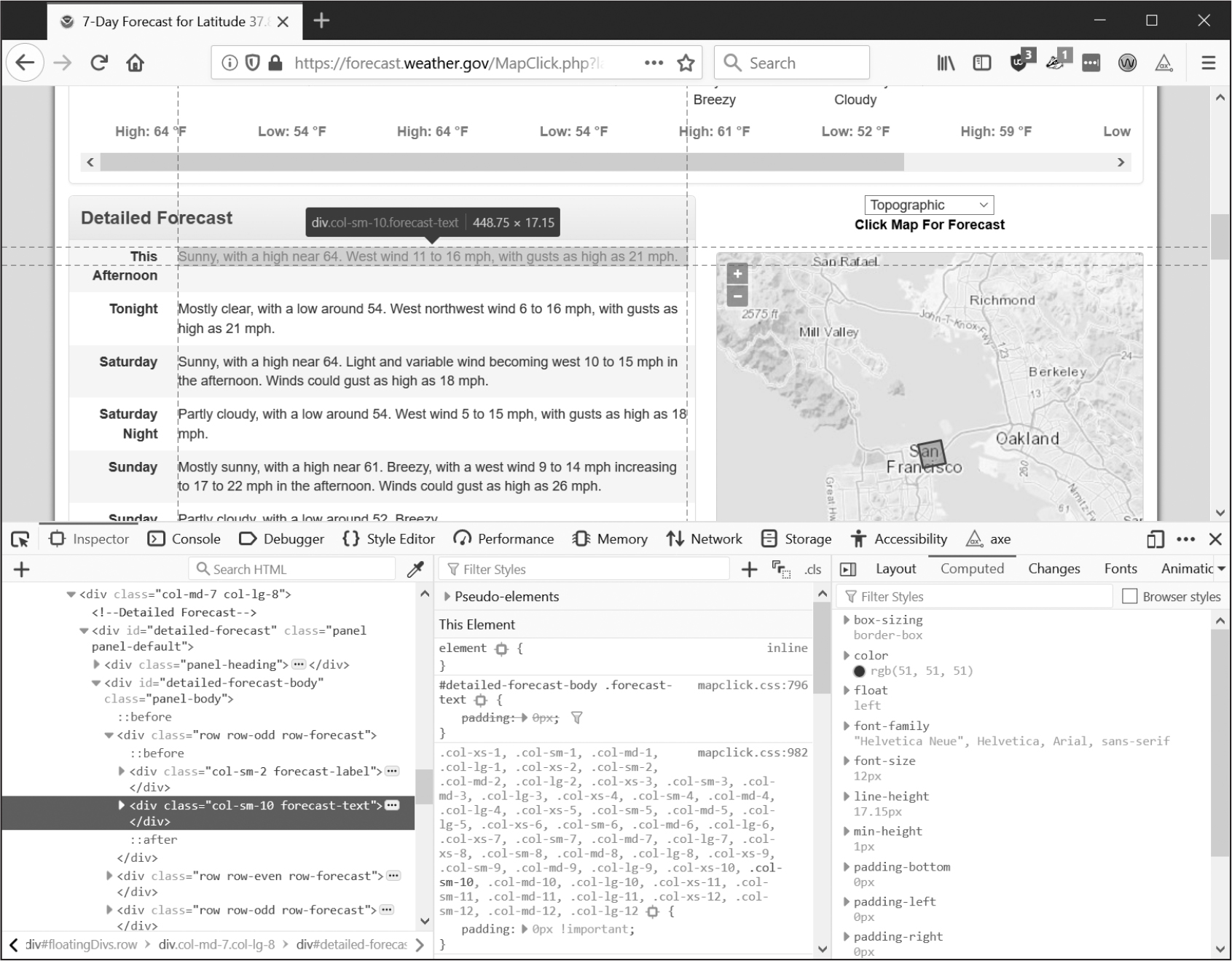 A screenshot of the webpage at weather.gov with the Developer tools open in a bottom pane showing the page’s HTML source code. In the developer tools, a <div> HTML element is highlighted, populating another pane with details about it.