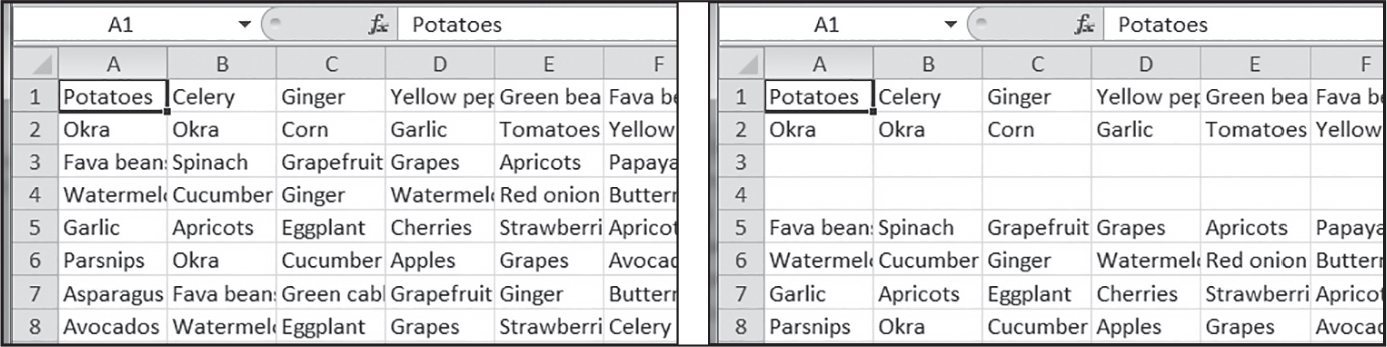 Two Excel spreadsheets whose cells contain produce items. In the second spreadsheet, rows three and four are blank, and those rows’ previous contents have been shifted to rows five and six.
