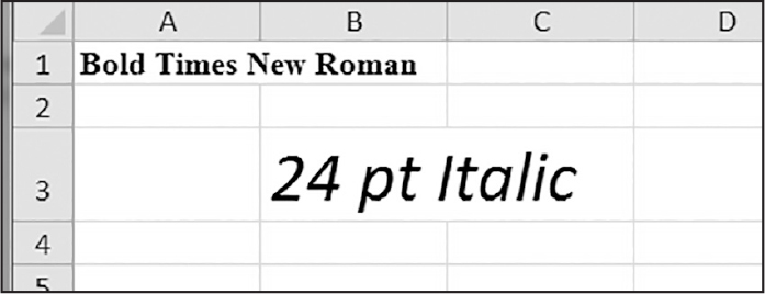 An Excel spreadsheet in which cell A1 contains the text “Bold Times New Roman” in a bolded Times New Roman font and cell B3 contains the text” 24 pt Italic” in a large, italicized font.