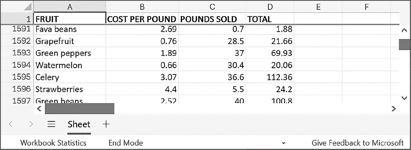 An Excel spreadsheet in which Row 1 is visible as the user scrolls to the right.