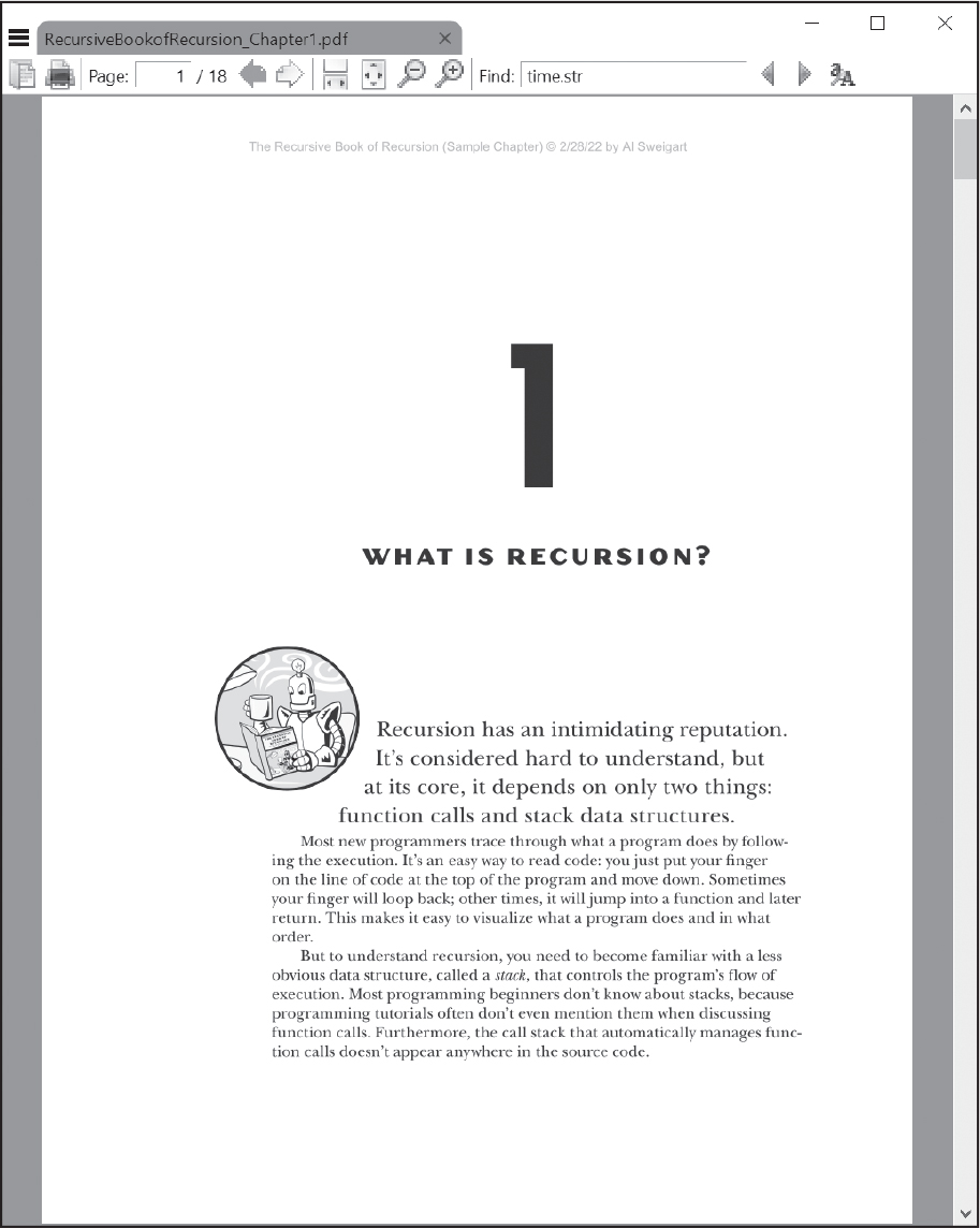 A PDF showing the beginning of a book chapter called “What Is Recursion?”