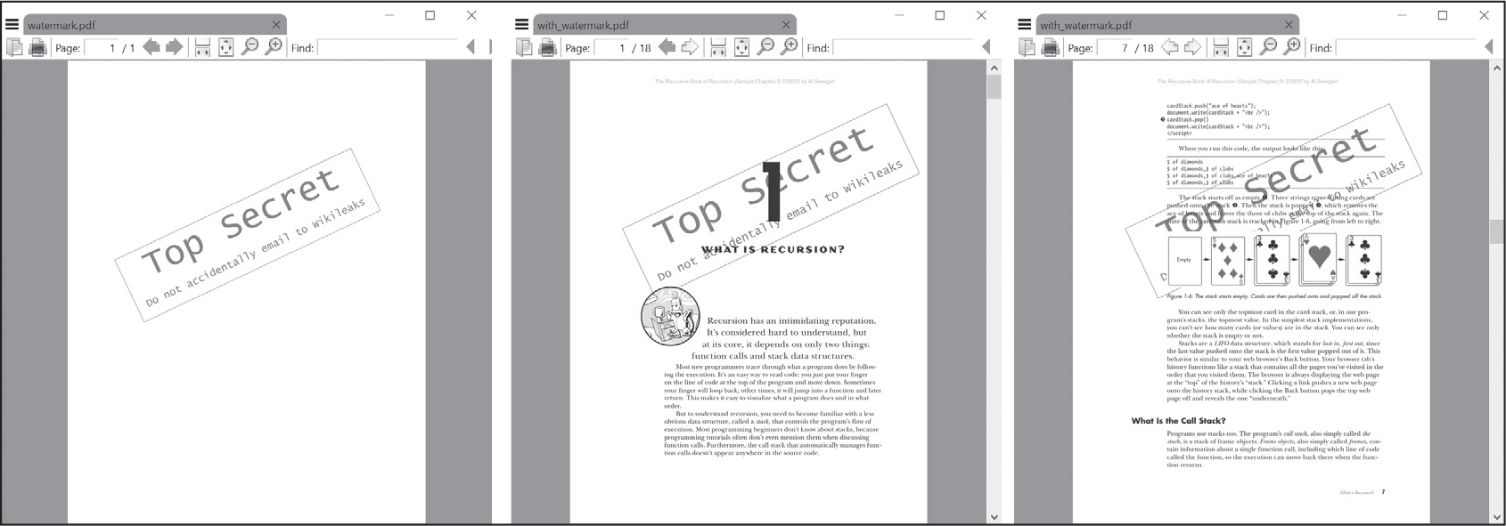 Three PDFs. The first contains a diagonal gray box with the text “Top Secret”, the second shows the “Top Secret” box overlayed on the “What Is Recursion?” chapter page, and the third shows the “Top Secret” boxed overlayed on another page of text.