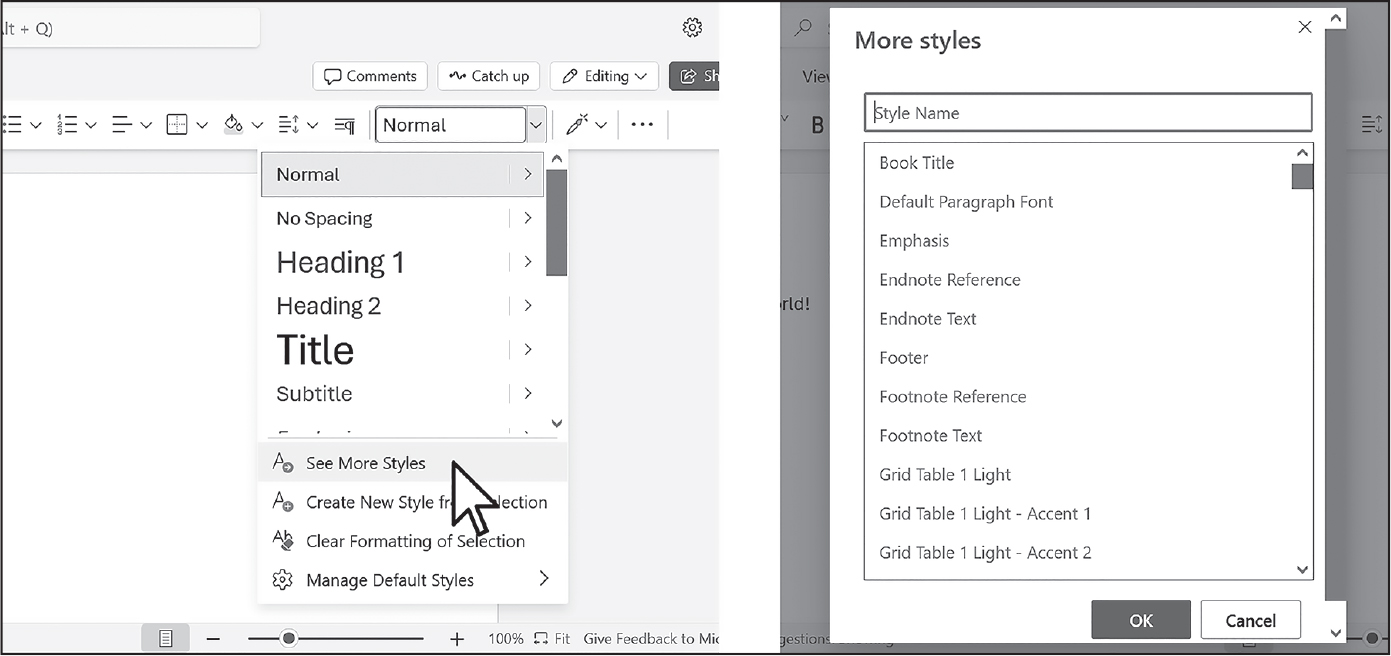 On the left, a screenshot of the Word Styles pane containing a list of styles, with the option “See More Styles” highlighted. On the right, the “More styles” pane open, showing a “style name” search bar and a list of styles.