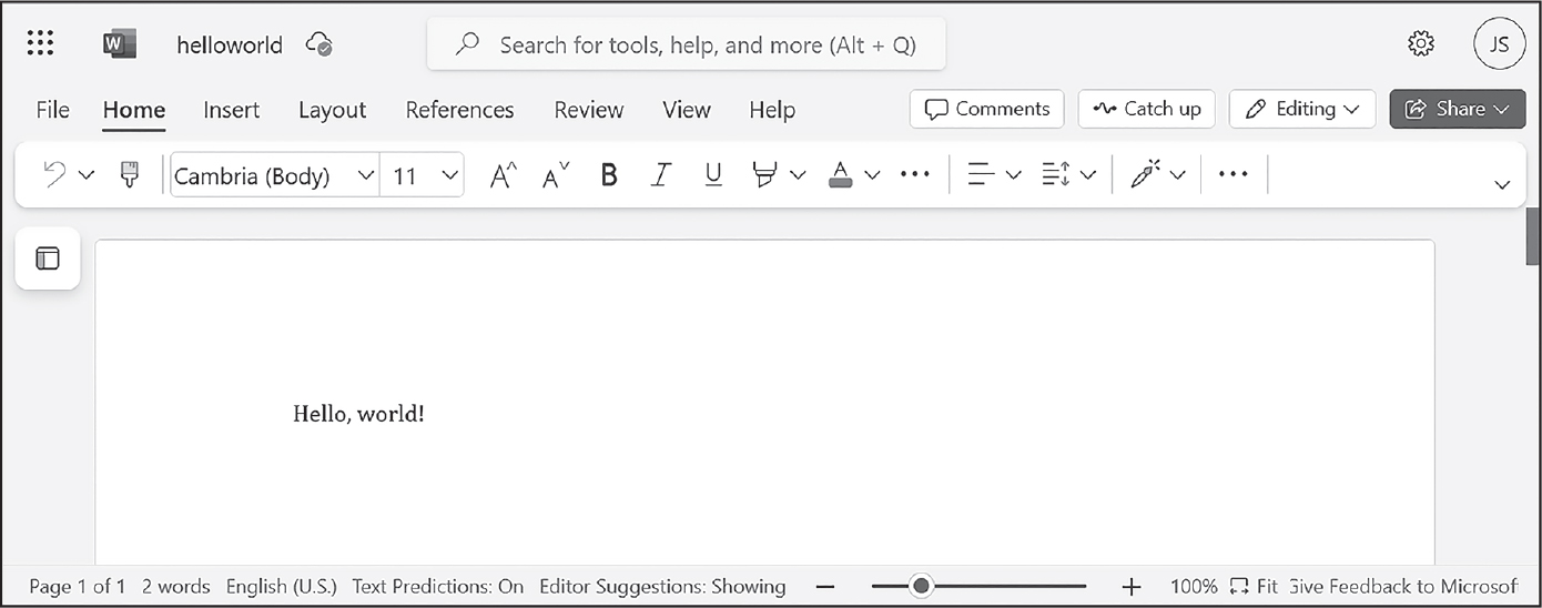 A Word document with the text “Hello, world!”