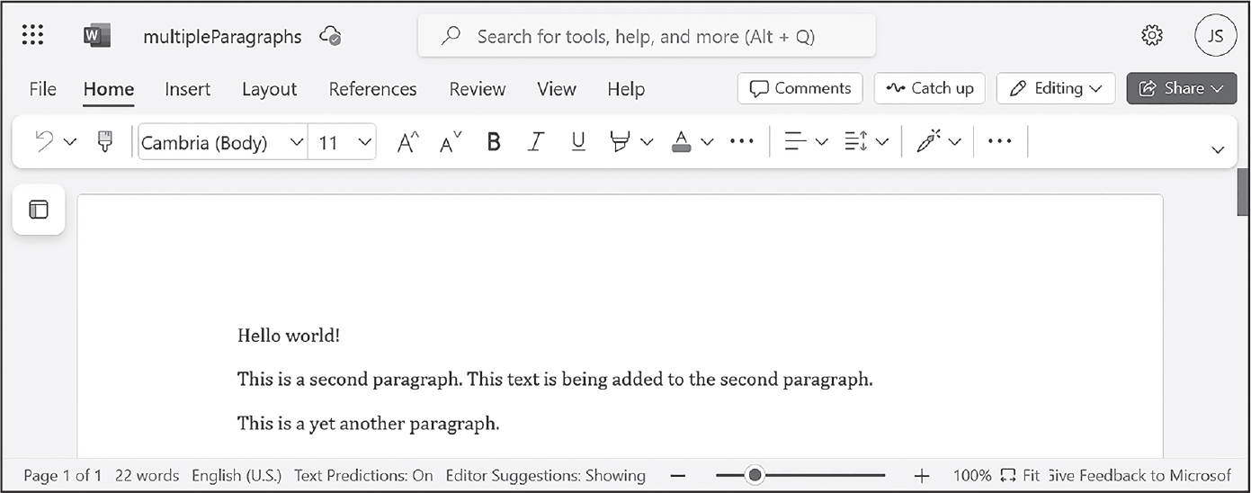 A Word document with three lines of text. The first says “Hello world!” The second says “This is a second paragraph. This text is being added to the second paragraph.” The third says “This is yet another paragraph.”