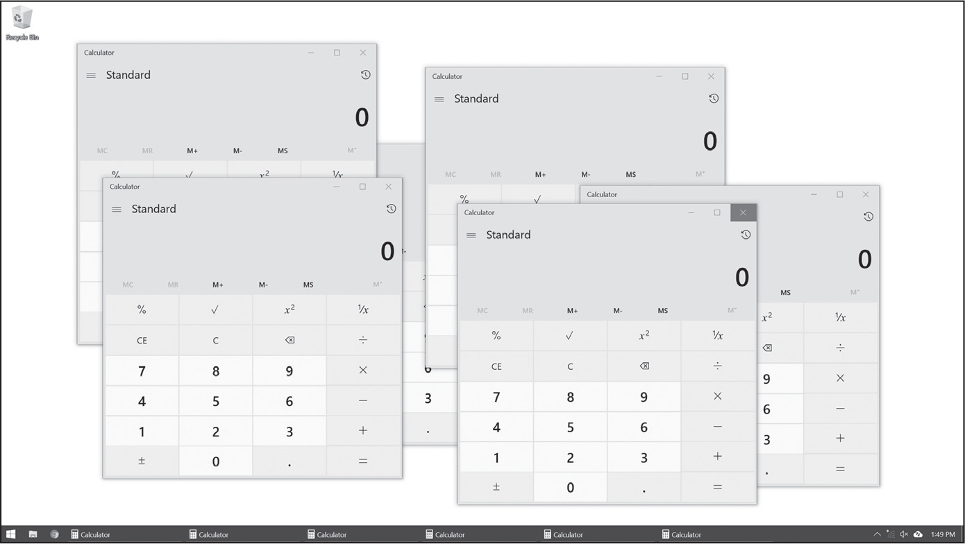 Screenshot of a Windows computer desktop showing six overlapping calculator programs