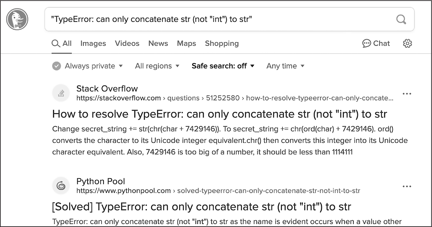 An internet browser window showing search results for the message “TypeError: can only concatenate str (not “int”) to str.” Results include the websites Stack Overflow and Python Pool.