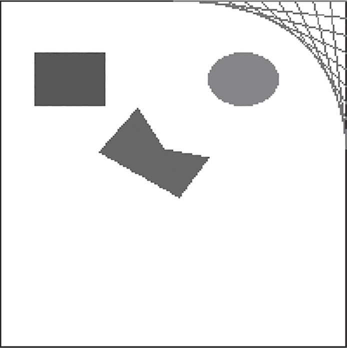 A rectangle, oval, irregular polygon, and curved lines on a white backdrop.