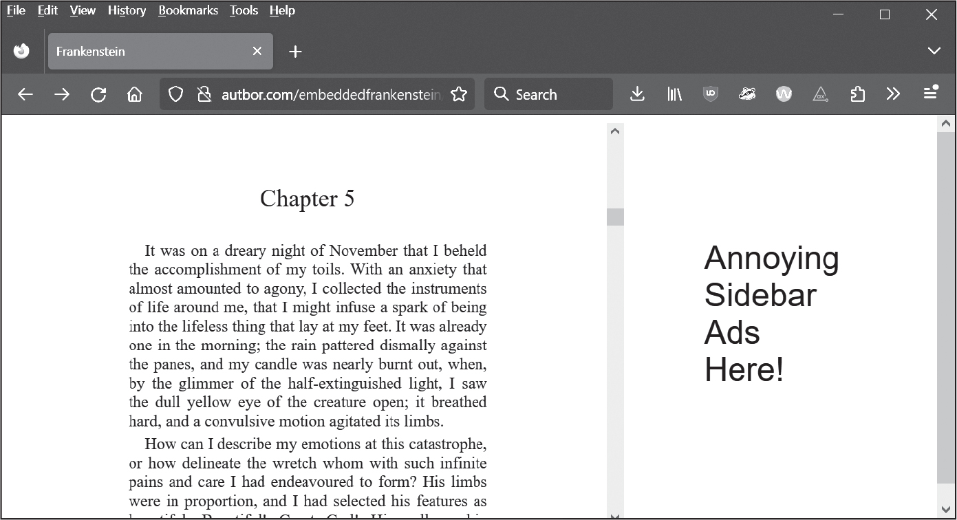 A web page showing a book chapter on the lefthand side and the text “Annoying sidebar ads here!’ On the righthand side.