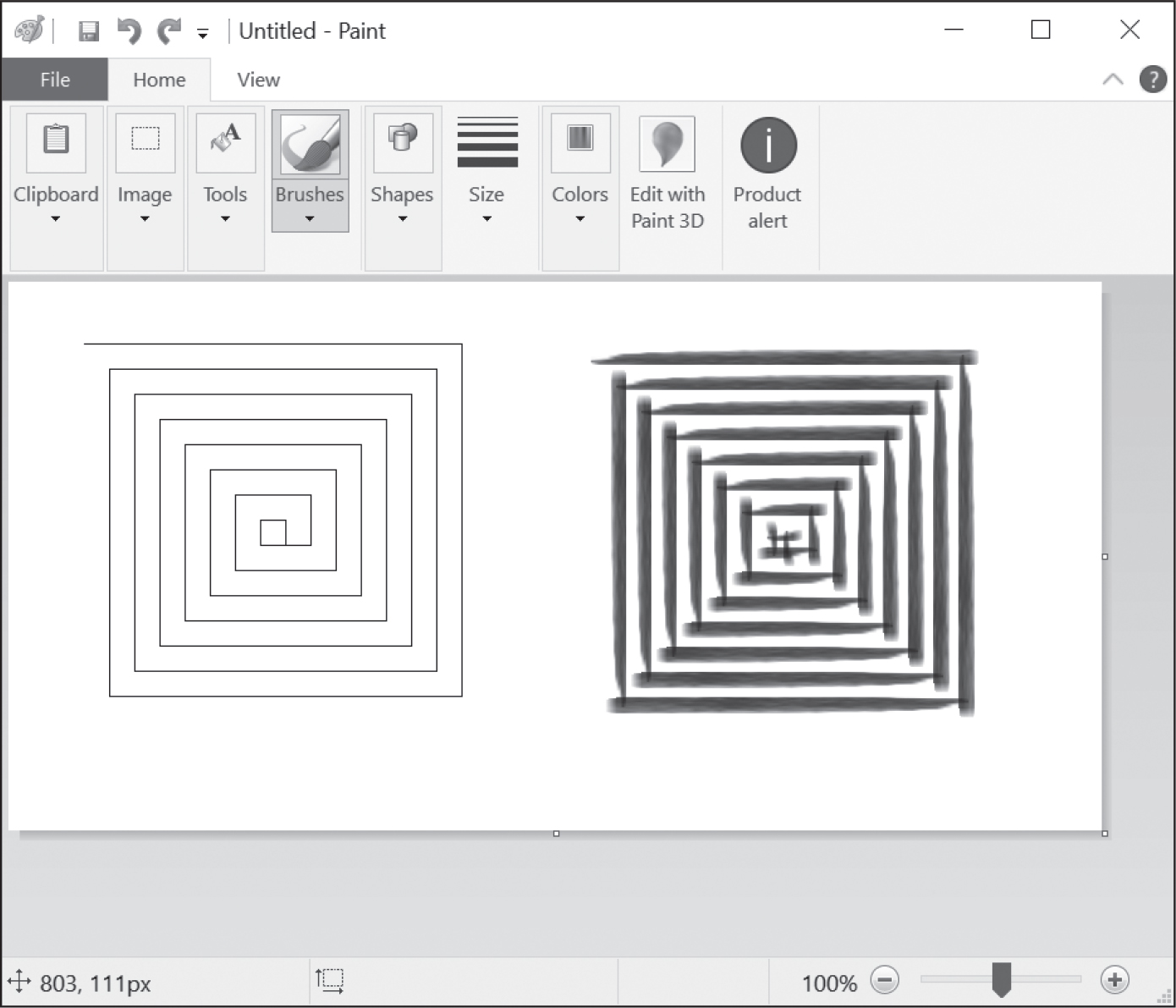 A screenshot of MS Paint showing two versions of a square spiral. The first uses a simple thin line, while the second uses a thick, textured line of varying width.