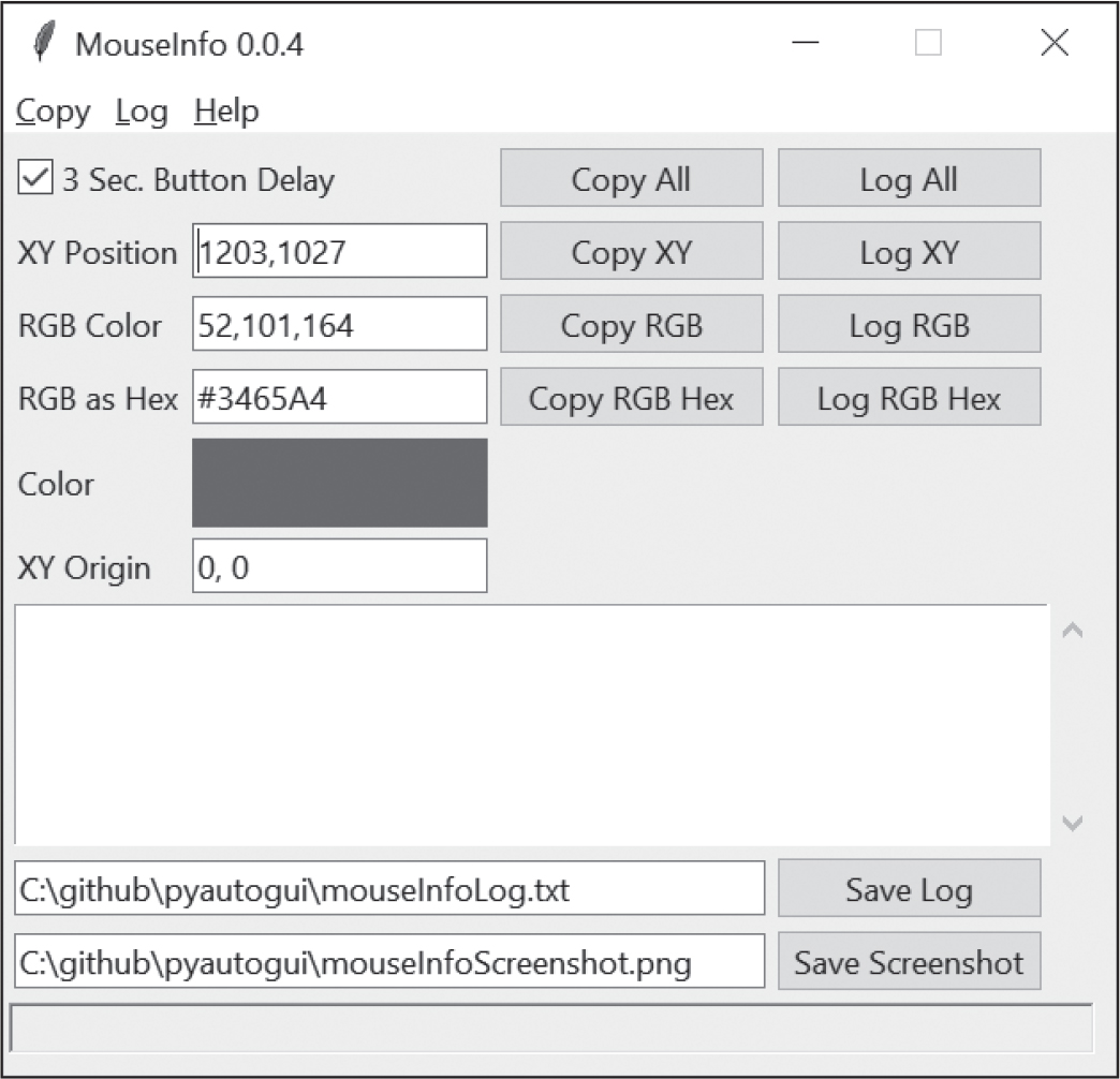The MouseInfo 0.0.4 interface showing fields for the XY Position, RBG Color, RBH as Hex, XY Origin, and filepath.