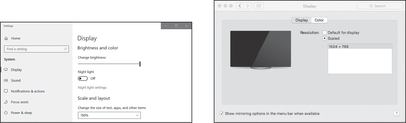 The Display settings tab on Windows, showing a toggle for Night light and a scale for brightness. The corresponding display interface on macOS, showing “Scaled” checked.