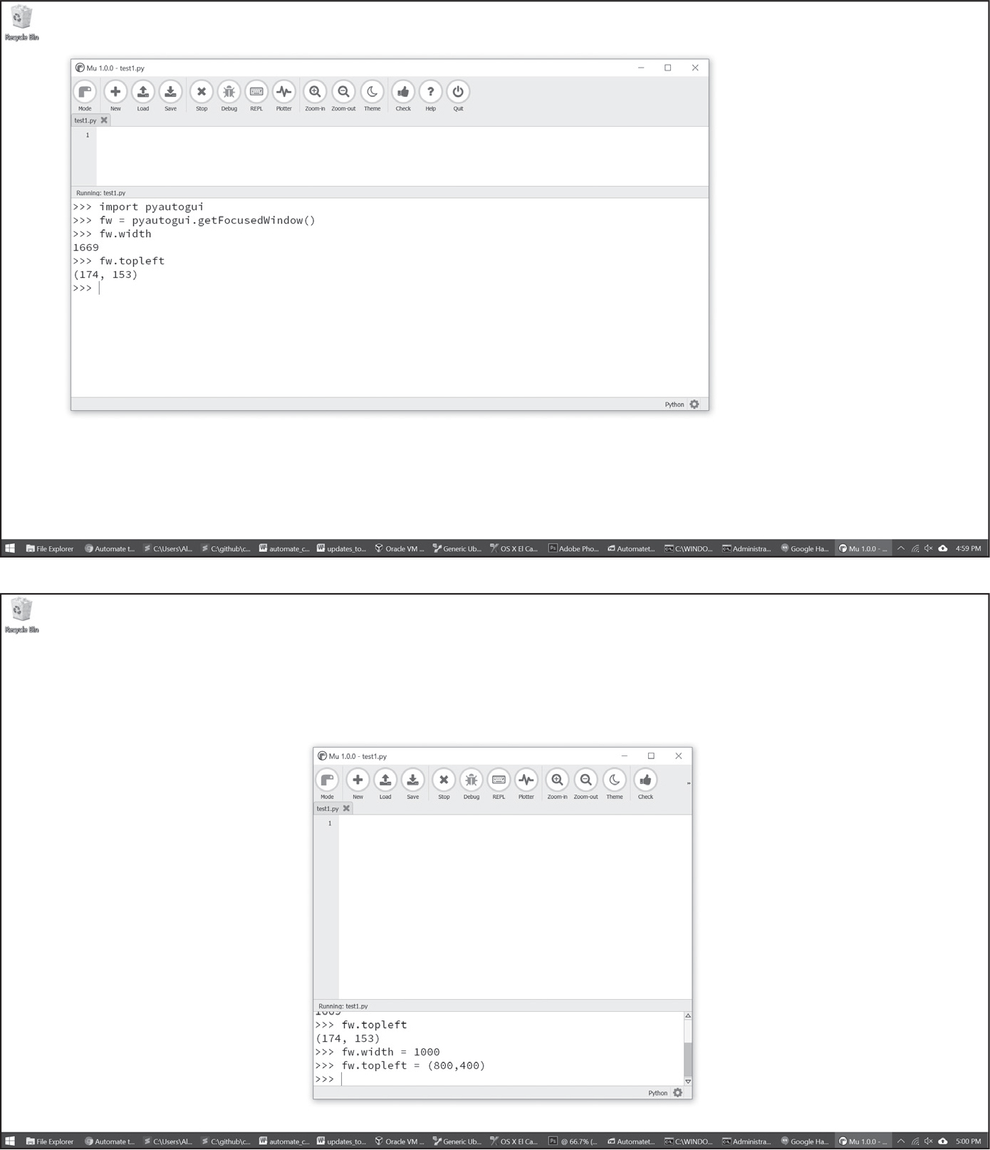 Two screenshots of the Windows desktop with the Mu editor open. In the second, the Mu editor is smaller an in a lower position.
