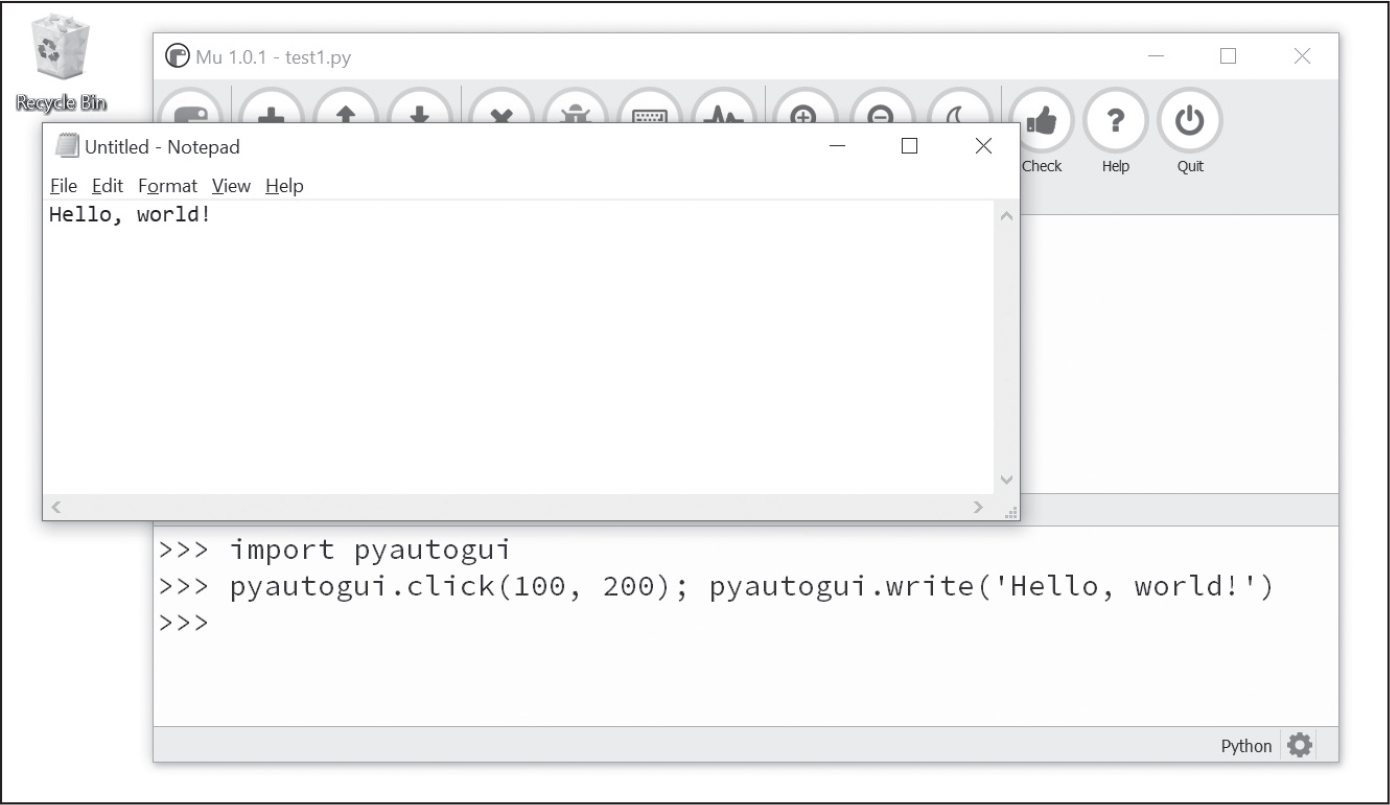 A screenshot of the Windows desktop with the Mu editor and Notepad open.