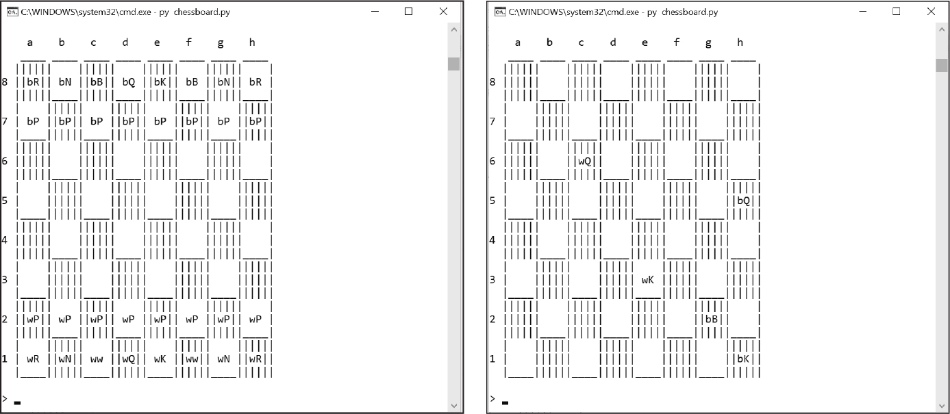 Two Windows Command Prompt windows side by side showing chess boards represented using text characters and chess pieces represented using letter pairs. In the left-hand window, the pieces are in the starting position. In the right-hand window, a few remaining pieces are scattered across the board.