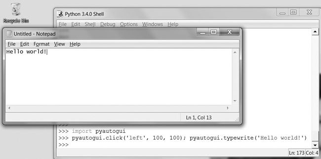 Using PyAutogGUI to click the file editor window and type Hello world! into it